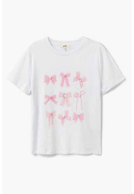 Tricou cu imprimeu cu funde-FEMEI/IMBRACAMINTE/Tricouri si maiouri-IMBRACAMINTE/Tricouri si maiouri