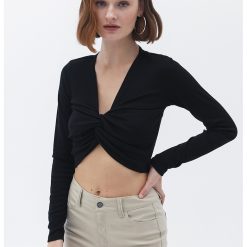 Bluza crop din amestec de lyocell cu nod frontal-FEMEI/IMBRACAMINTE/Bluze-IMBRACAMINTE/Bluze