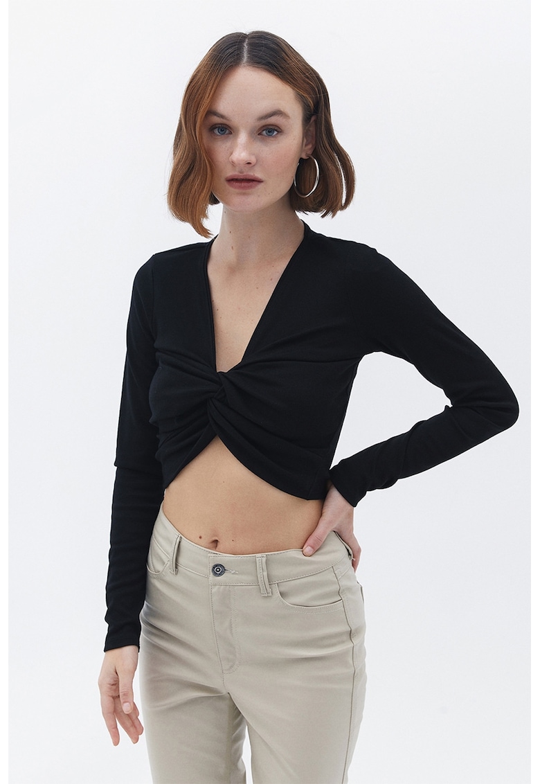 Bluza crop din amestec de lyocell cu nod frontal-FEMEI/IMBRACAMINTE/Bluze-IMBRACAMINTE/Bluze