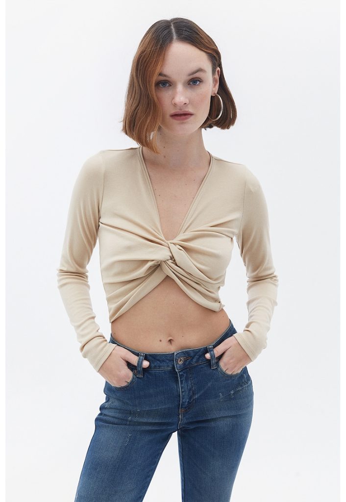 Bluza crop din amestec de lyocell cu nod frontal-FEMEI/IMBRACAMINTE/Bluze-IMBRACAMINTE/Bluze