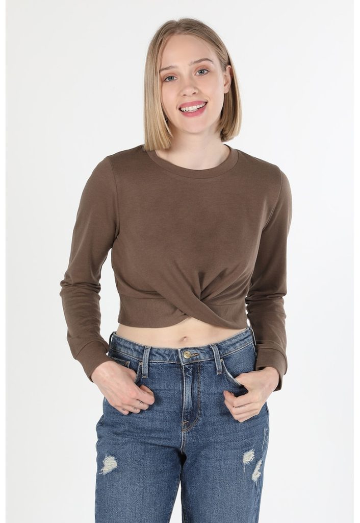 Bluza crop din jerseu cu detaliu frontal rasucit-FEMEI/IMBRACAMINTE/Bluze-IMBRACAMINTE/Bluze