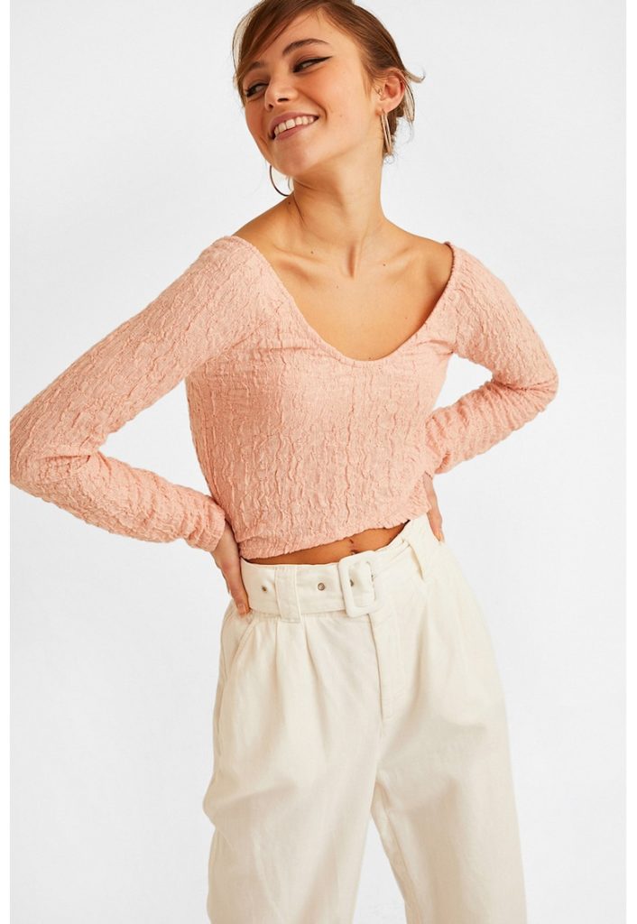 Bluza crop texturata cu decolteu amplu-FEMEI/IMBRACAMINTE/Bluze-IMBRACAMINTE/Bluze