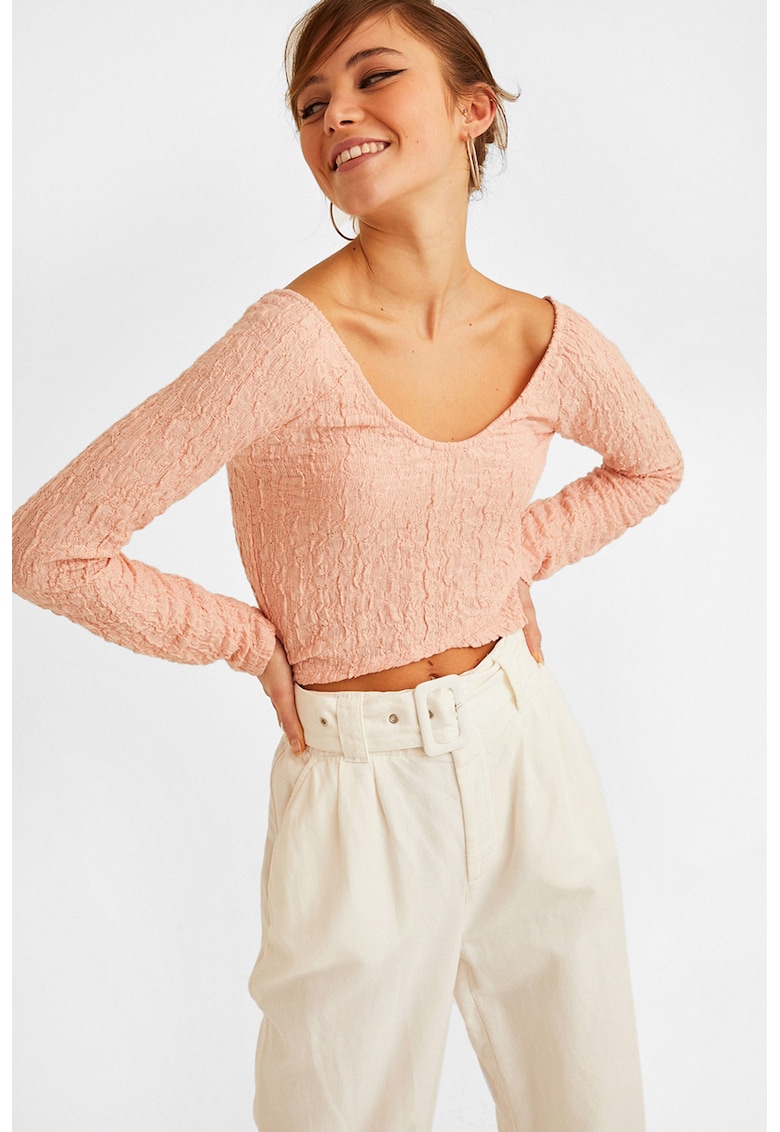 Bluza crop texturata cu decolteu amplu-FEMEI/IMBRACAMINTE/Bluze-IMBRACAMINTE/Bluze