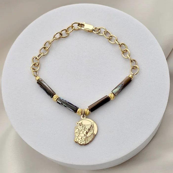 Bratara Bufnita Aurie - Perle Tubulare metalizate & Bilute - Argint 925 placat cu Aur 18K-Colectii >> Comori Perlate >> Noutati