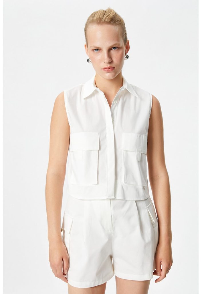 Camasa crop cu buzunare aplicate - fara maneci-FEMEI/IMBRACAMINTE/Camasi-IMBRACAMINTE/Camasi