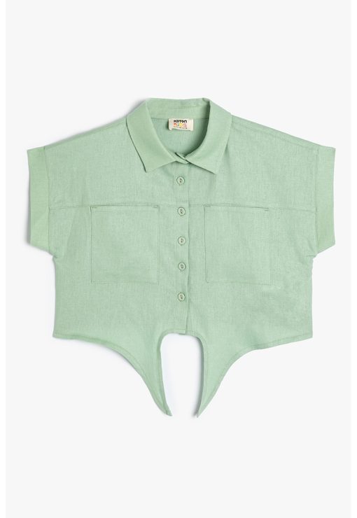 Camasa crop din amestec de in cu buzunare aplicate-FETE/IMBRACAMINTE/Camasi-IMBRACAMINTE/Camasi