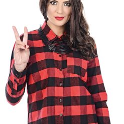 Camasa de bumbac cu model in carouri si buzunar aplicat-FEMEI/IMBRACAMINTE/Camasi-IMBRACAMINTE/Camasi