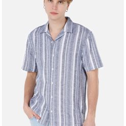 Camasa din amestec de in cu maneci scurte si model in dungi-BARBATI/IMBRACAMINTE/Camasi-IMBRACAMINTE/Camasi