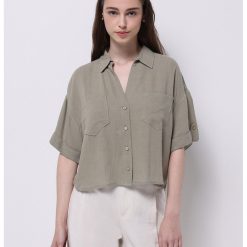 Camasa lejera din amestec de in cu buzunare pe piept-FEMEI/IMBRACAMINTE/Camasi-IMBRACAMINTE/Camasi