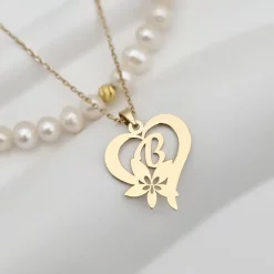 Colier Floarea Dragostei - Pandantiv inima cu initiala - Lantisor & Sirag de Perle - Argint 925 placat cu Aur Galben 18K-Colectii >> Comori Perlate >> Noutati