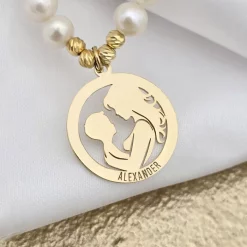 Colier Legatura Mama si Fiu - Pandantiv Disc & Sirag de Perle - Argint 925 placat cu Aur Galben 18K-Colectii >> Comori Perlate >> Noutati