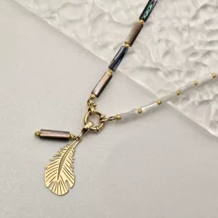 Colier Pana Aurie - Perle Cilindrice Metalizate & Gri & Bambus - Argint 925 placat cu Aur 18K-Colectii >> Comori Perlate >> Noutati