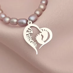 Colier Primii Pasi - Inima cu Picioruse si Nume & Sirag de Perle - Argint 925-Colectii >> Comori Perlate >> Noutati