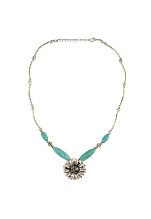 Colier argintiu - cu floare si pietre turquoise - Lara C27 --FEMEI/GENTI SI ACCESORII/Bijuterii-GENTI SI ACCESORII/Bijuterii