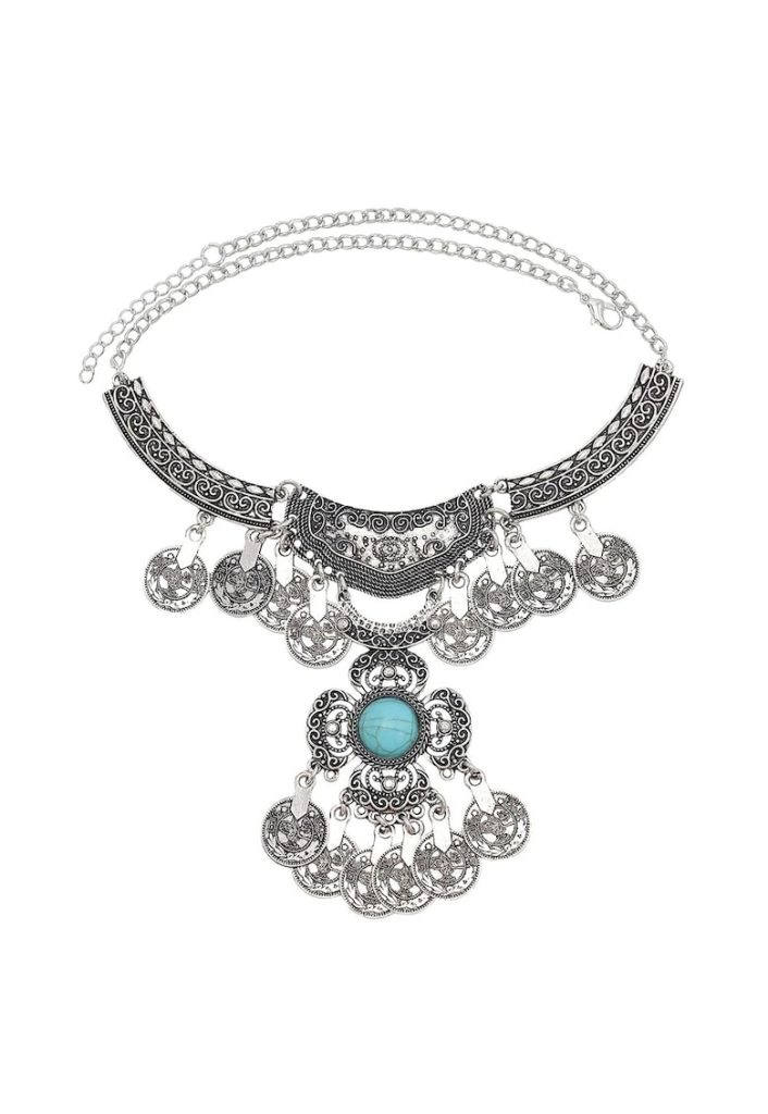 Colier argintiu - stil boho - cu banuti si piatra turquoise - Sarai C12 --FEMEI/GENTI SI ACCESORII/Bijuterii-GENTI SI ACCESORII/Bijuterii