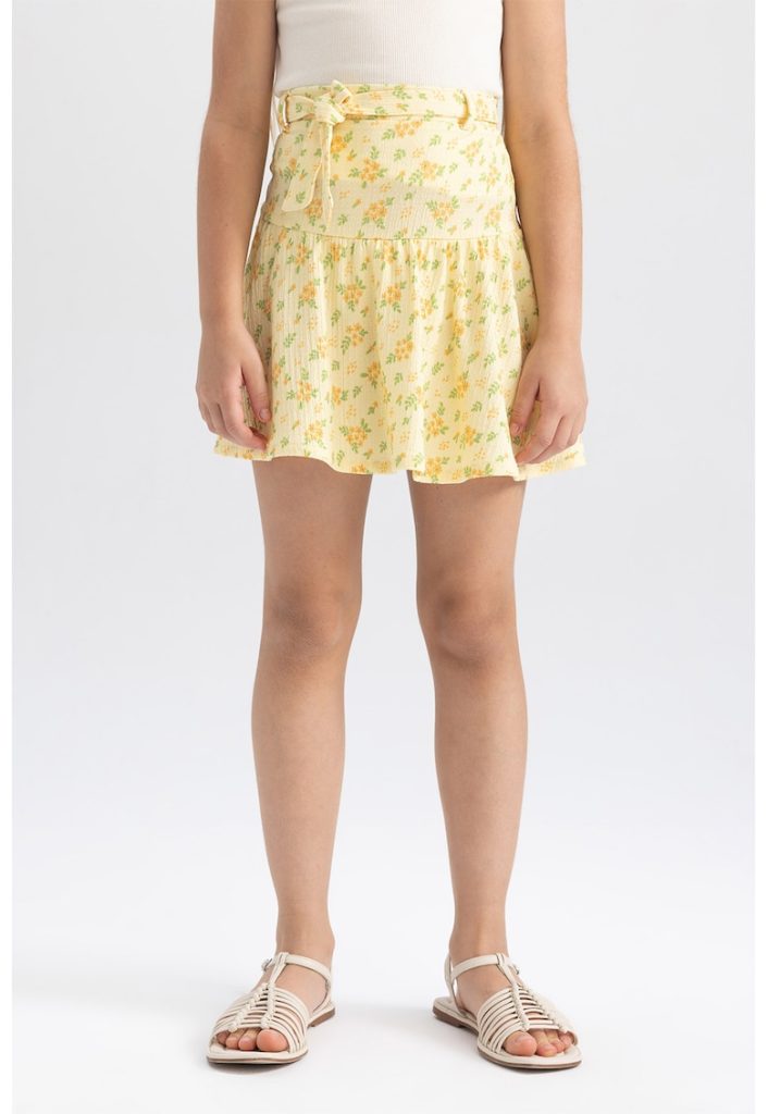 Fusta cu model floral si cordon in talie-FETE/IMBRACAMINTE/Fuste-IMBRACAMINTE/Fuste