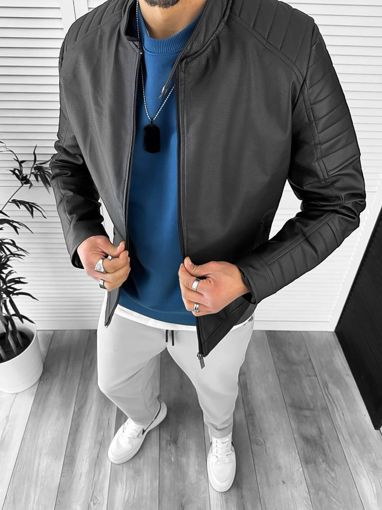 Geaca barbati neagra piele ecologica B2880 116-2-Geci barbati > Geci de piele barbati