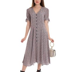 Rochie cu decolteu in V - nasturi si model floral Roza-FEMEI/IMBRACAMINTE/Rochii-IMBRACAMINTE/Rochii