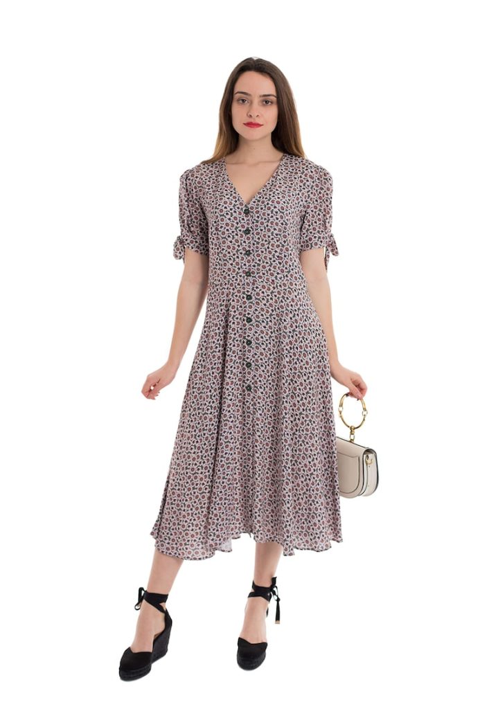 Rochie cu decolteu in V - nasturi si model floral Roza-FEMEI/IMBRACAMINTE/Rochii-IMBRACAMINTE/Rochii