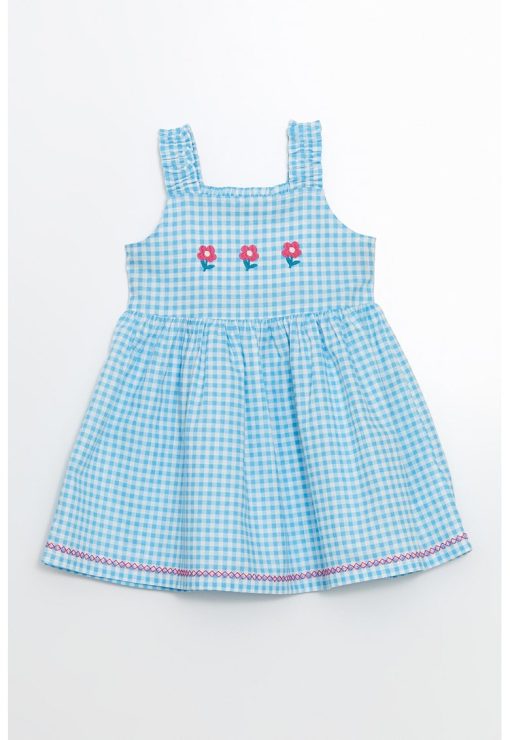 Rochie evazata cu model in carouri si broderie florala-FETE/IMBRACAMINTE/Rochii-IMBRACAMINTE/Rochii