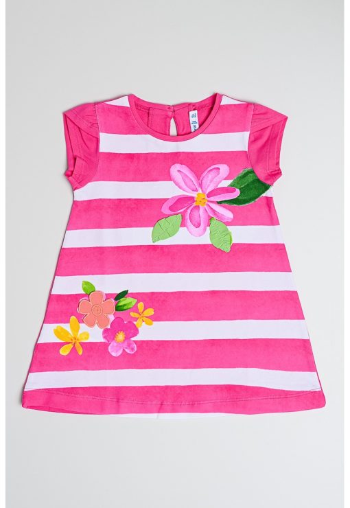Rochie scurta cu croiala in A - imprimeu in dungi si model floral-FETE/IMBRACAMINTE/Rochii-IMBRACAMINTE/Rochii