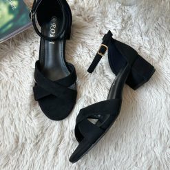 Sandale dama cu toc gros negre piele intoarsa GQ08    N6-3-Incaltaminte > Incaltaminte dama > Sandale dama
