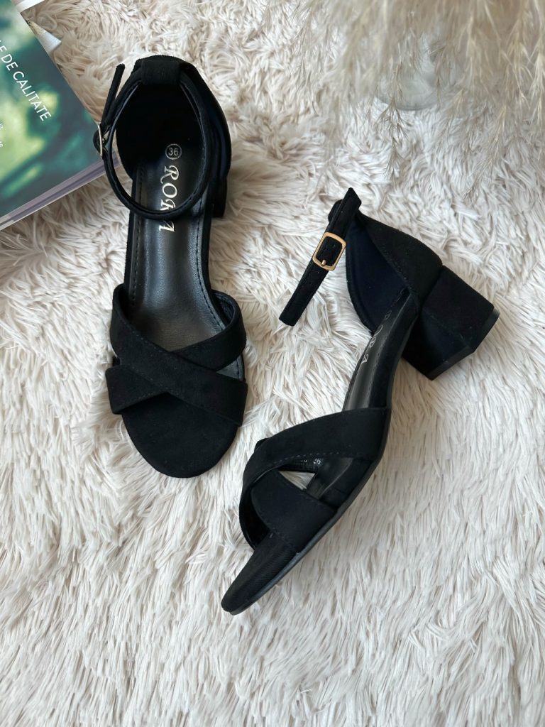 Sandale dama cu toc gros negre piele intoarsa GQ08 N6-3-Incaltaminte > Incaltaminte dama > Sandale dama