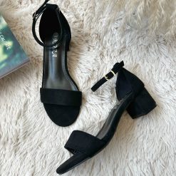 Sandale dama cu toc gros negre piele intoarsa  GQ09    T54-3-Incaltaminte > Incaltaminte dama > Sandale dama