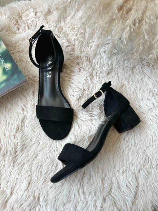 Sandale dama cu toc gros negre piele intoarsa  GQ09    T54-3-Incaltaminte > Incaltaminte dama > Sandale dama