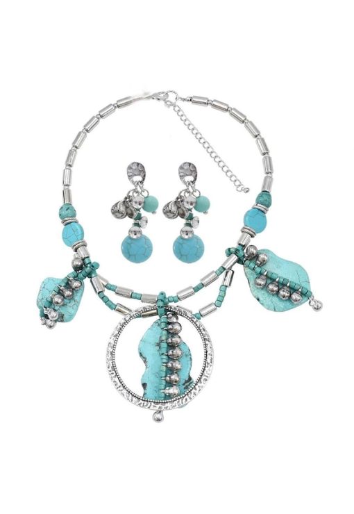 Set colier si cercei - argintiu - cu pietre turquoise - Sanni C8 --FEMEI/GENTI SI ACCESORII/Bijuterii-GENTI SI ACCESORII/Bijuterii