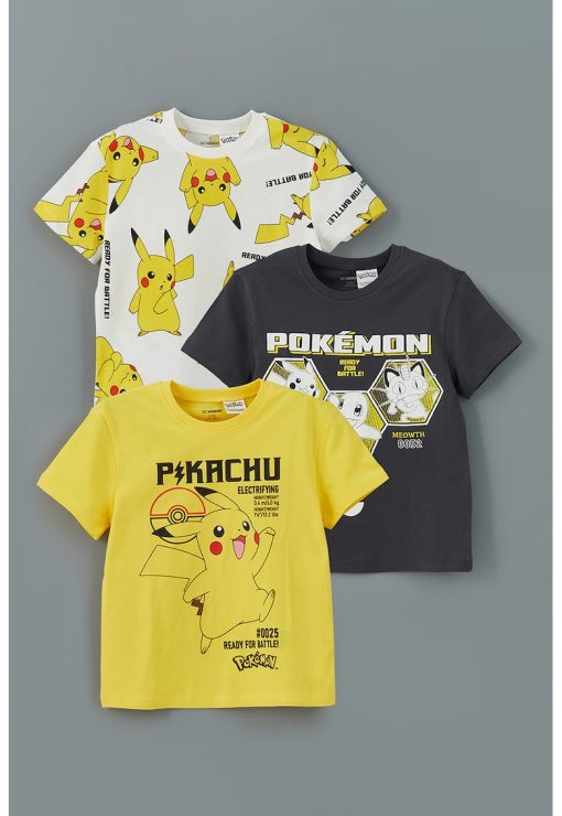 Set de tricouri de bumbac cu imprimeu Pikachu - 3 piese-BAIETI/IMBRACAMINTE/Tricouri si maiouri-IMBRACAMINTE/Tricouri si maiouri