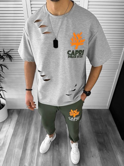 Trening barbati gri/kaki pantaloni + tricou oversize 13029 O4-1.2*-Trening