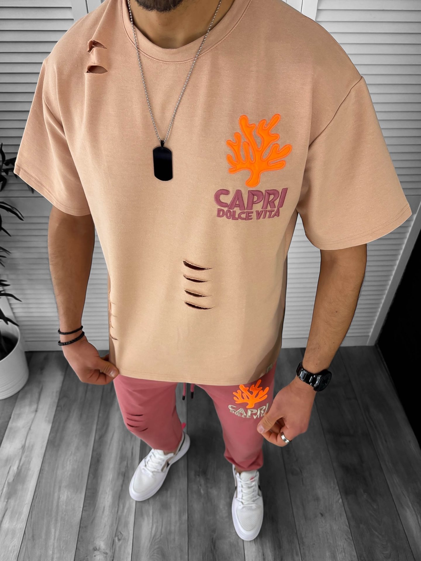 Trening barbati maro oversize cu imprimeu pantaloni + bluza 13029 O4-1.2-Treninguri