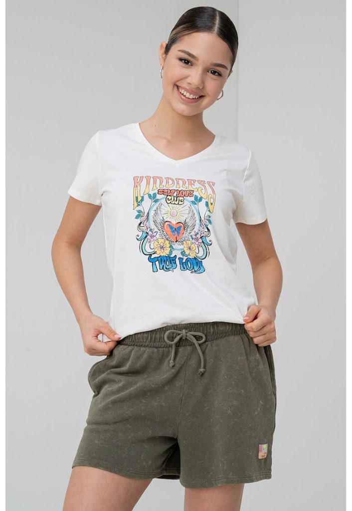 Tricou cu decolteu in V si imprimeu-FEMEI/IMBRACAMINTE/Tricouri si maiouri-IMBRACAMINTE/Tricouri si maiouri