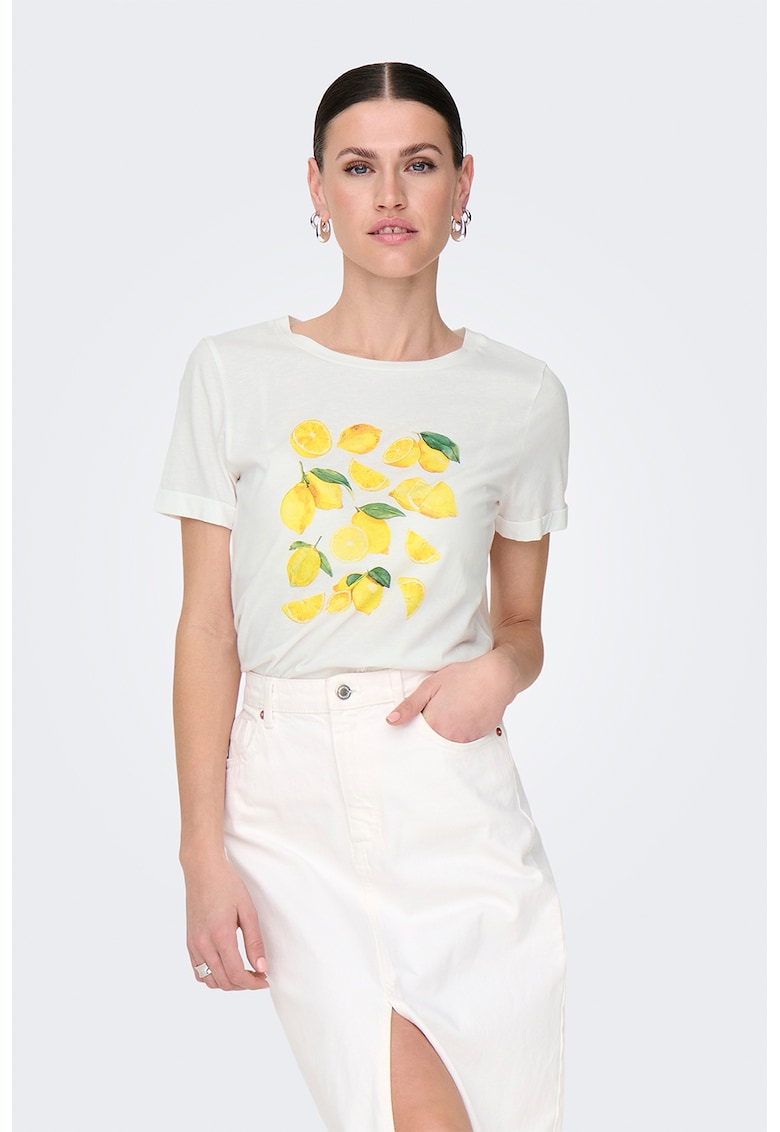 Tricou cu decolteu la baza gatului cu imprimeu grafic-FEMEI/IMBRACAMINTE/Tricouri si maiouri-IMBRACAMINTE/Tricouri si maiouri
