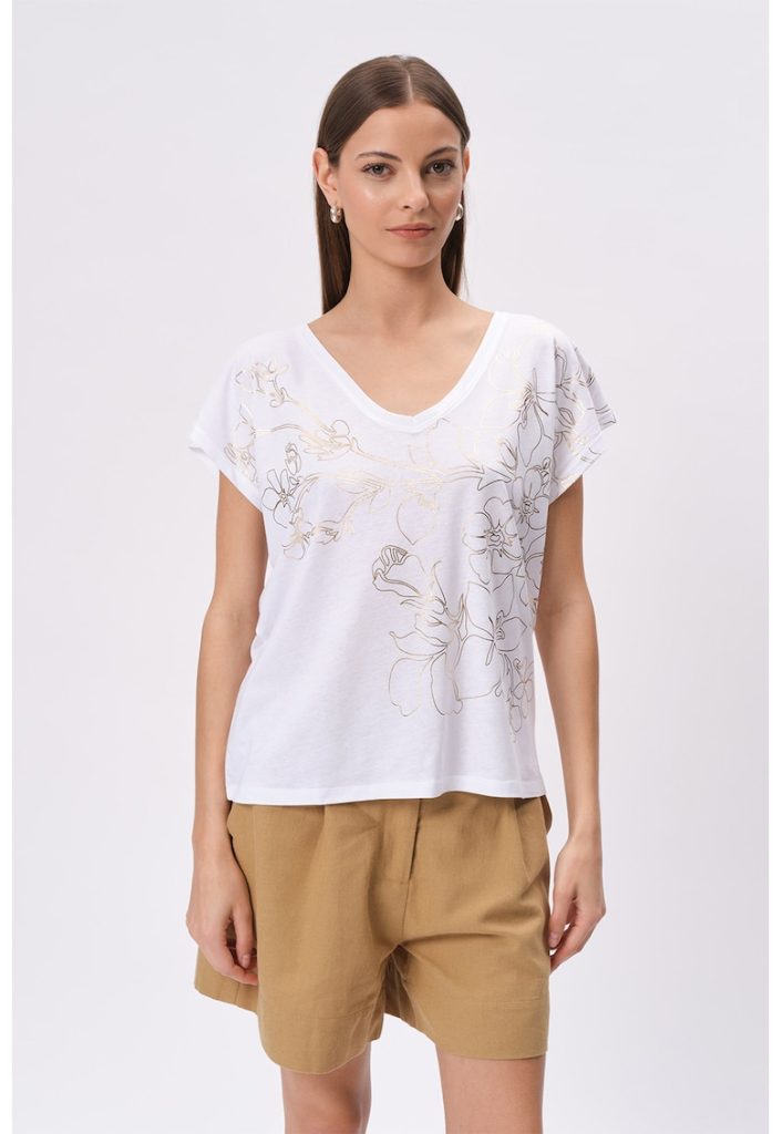Tricou cu imprimeu floral si decolteu in V-FEMEI/IMBRACAMINTE/Tricouri si maiouri-IMBRACAMINTE/Tricouri si maiouri