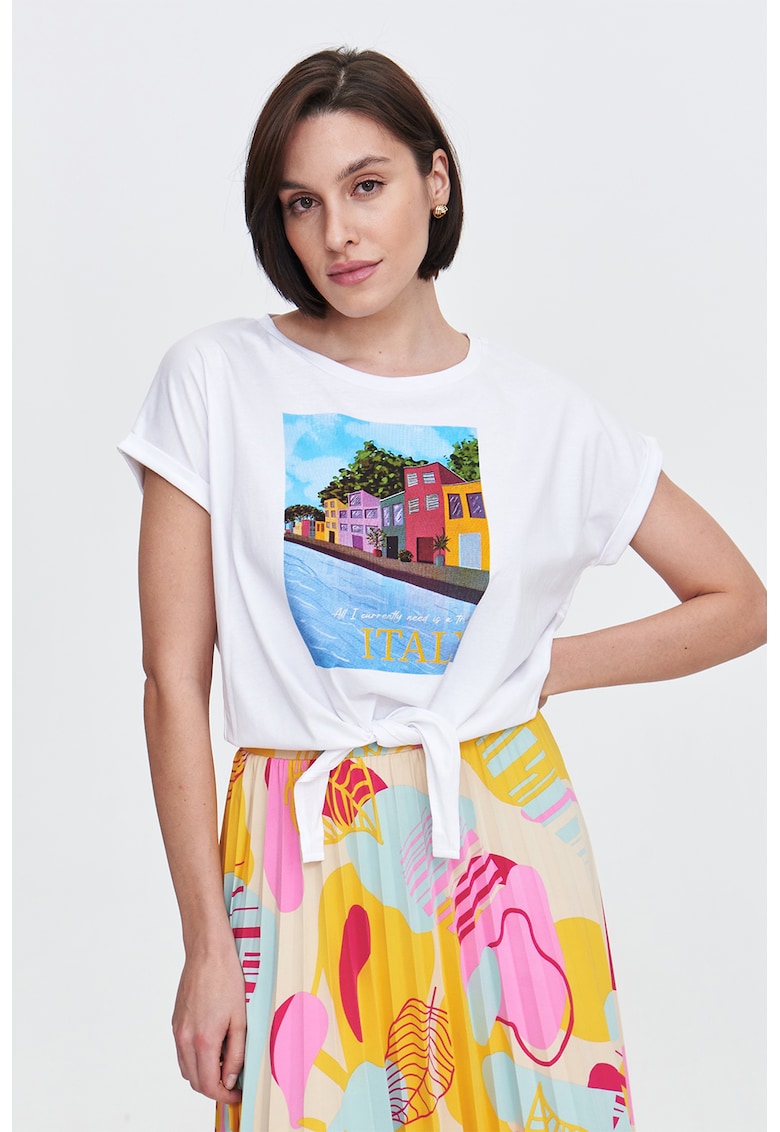 Tricou cu imprimeu grafic si detaliu innodat-FEMEI/IMBRACAMINTE/Tricouri si maiouri-IMBRACAMINTE/Tricouri si maiouri