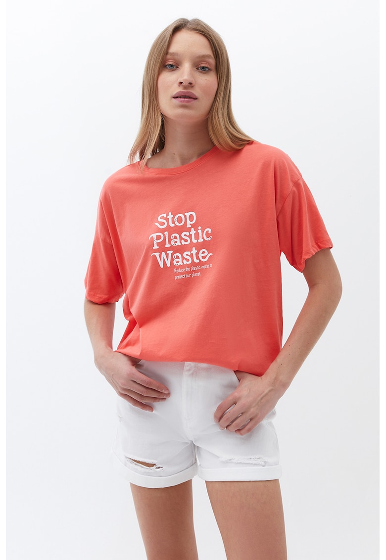 Tricou cu imprimeu text si decolteu la baza gatului-FEMEI/IMBRACAMINTE/Tricouri si maiouri-IMBRACAMINTE/Tricouri si maiouri