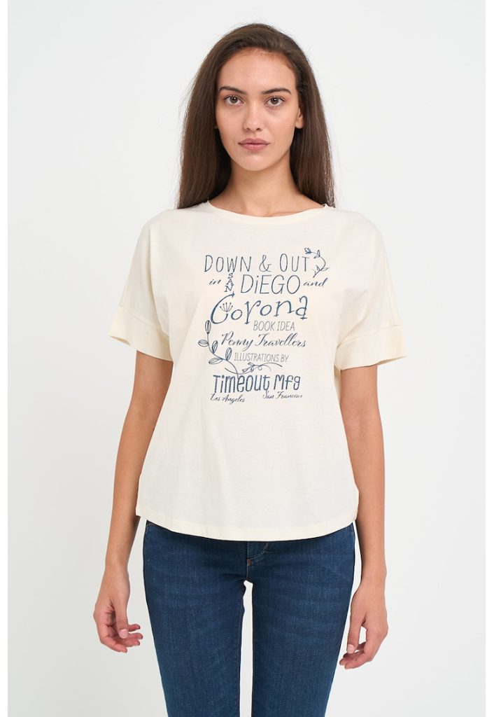 Tricou cu imprimeu text si decolteu rotund-FEMEI/IMBRACAMINTE/Tricouri si maiouri-IMBRACAMINTE/Tricouri si maiouri