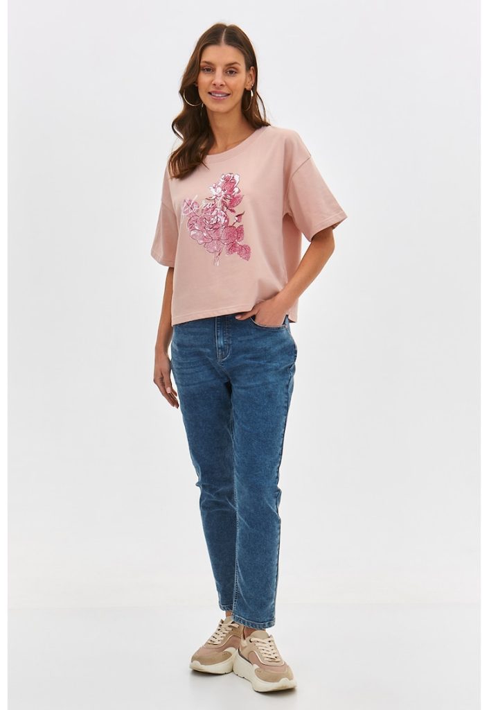 Tricou cu maneci cazute si imprimeu floral-FEMEI/IMBRACAMINTE/Tricouri si maiouri-IMBRACAMINTE/Tricouri si maiouri