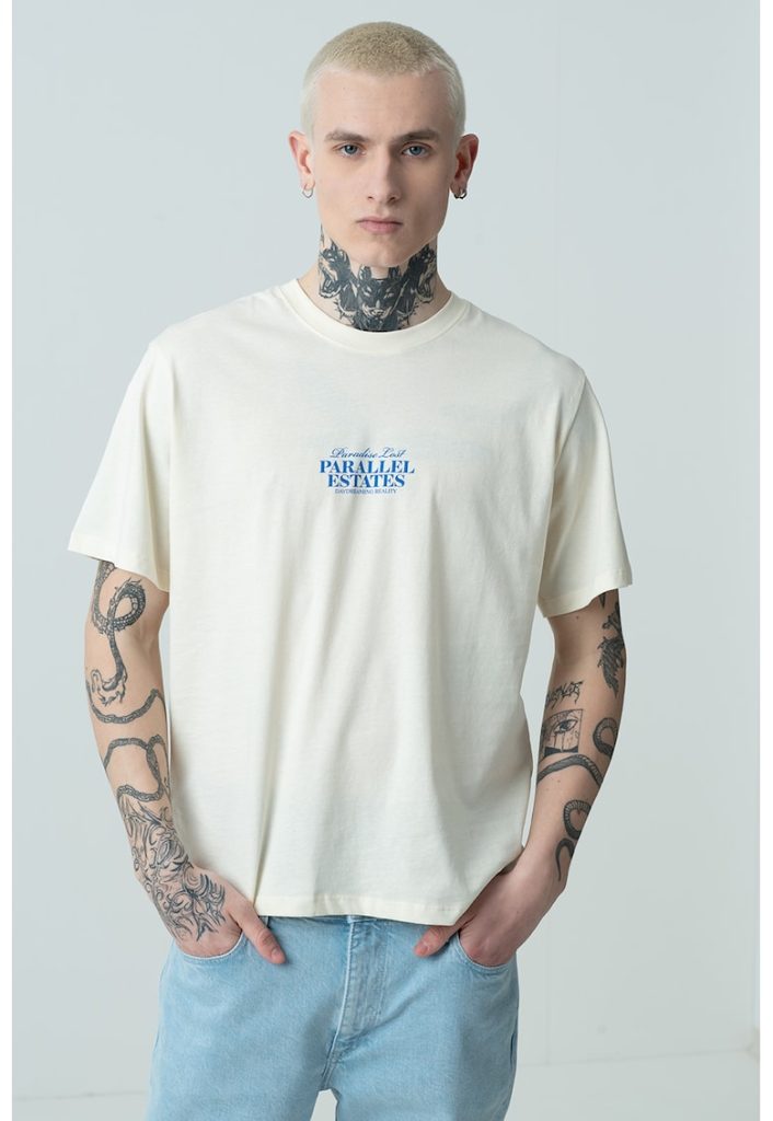 Tricou de bumbac cu decolteu la baza gatului - imprimeu grafic si text-BARBATI/IMBRACAMINTE/Tricouri si maiouri-IMBRACAMINTE/Tricouri si maiouri