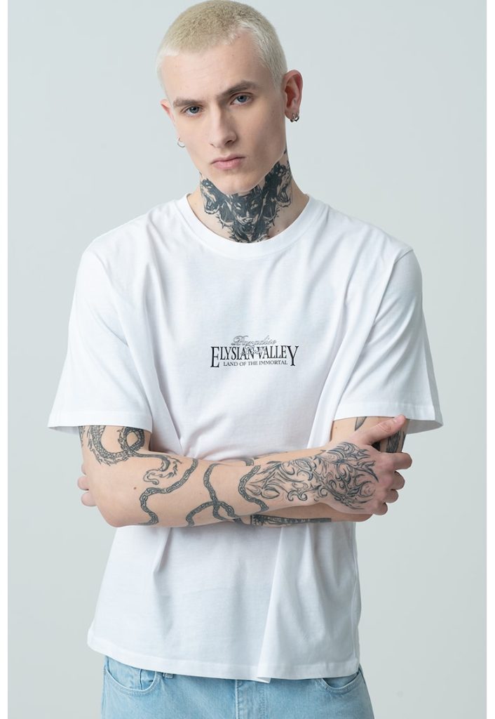 Tricou de bumbac cu decolteu la baza gatului - imprimeu grafic si text-BARBATI/IMBRACAMINTE/Tricouri si maiouri-IMBRACAMINTE/Tricouri si maiouri