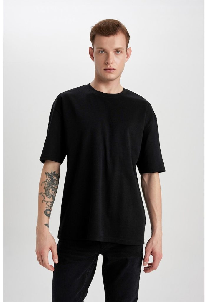 Tricou din amestec de bumbac cu decolteu la baza gatului-BARBATI/IMBRACAMINTE/Tricouri si maiouri-IMBRACAMINTE/Tricouri si maiouri