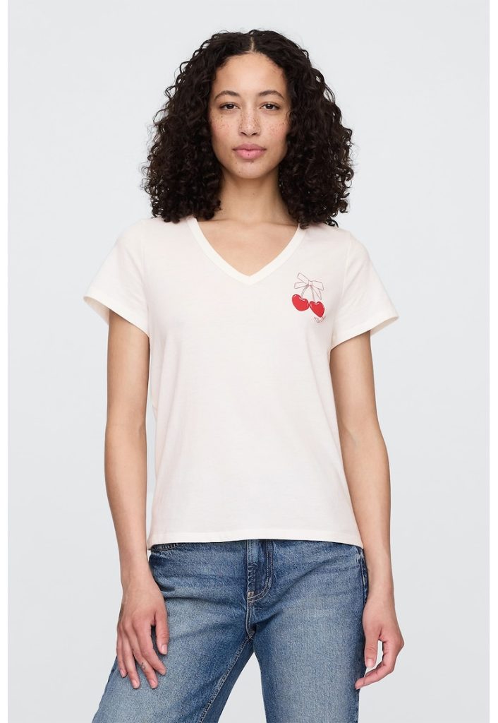 Tricou din bumbac cu decolteu in V-FEMEI/IMBRACAMINTE/Tricouri si maiouri-IMBRACAMINTE/Tricouri si maiouri
