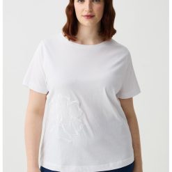 Tricou din bumbac cu decolteu la baza gatului si broderie florala-FEMEI/IMBRACAMINTE/Tricouri si maiouri-IMBRACAMINTE/Tricouri si maiouri