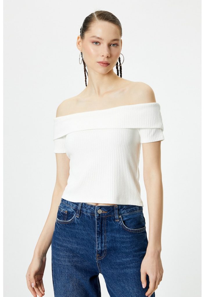 Tricou striat cu decolteu pe umeri-FEMEI/IMBRACAMINTE/Tricouri si maiouri-IMBRACAMINTE/Tricouri si maiouri