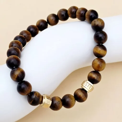 Bratara pietre semipretioase Ochi de tigru de 8 mm - doi cilindrii din Argint 925 placat cu Aur Galben - Snur elastic-Personalizate >> Tip Bijuterie >> Bratari pietre semipretioase
