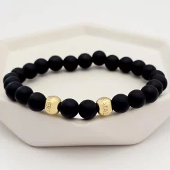 Bratara pietre semipretioase Onix mat de 8 mm - Bilute din Argint 925 placat cu Aur Galben - Snur elastic-Personalizate >> Tip Bijuterie >> Bratari pietre semipretioase